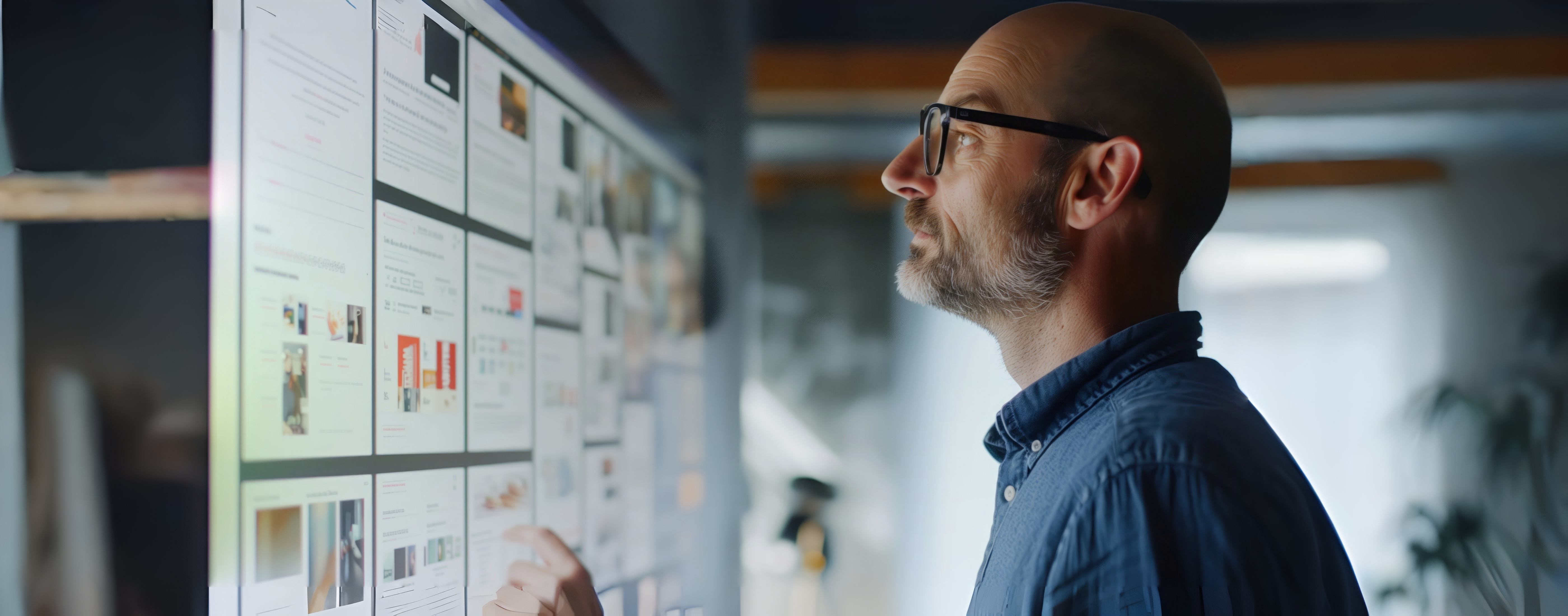 Man looking at a digital wall with multiple media content screens - Illustrative image for Media & Entertainment AI solutions.