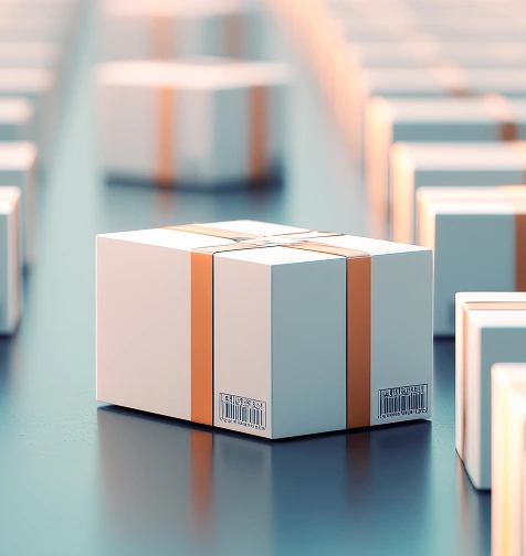 Row of packaged boxes on a conveyor belt - Illustrative image for Consumer Goods industry AI solutions.