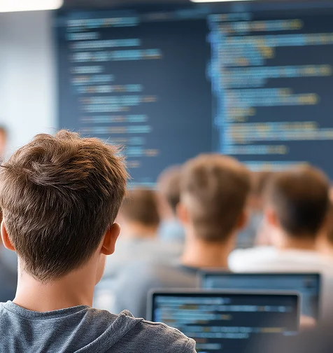 Student in a classroom looking at a screen with code - Illustrative image for Education industry AI and adaptive technology solutions.