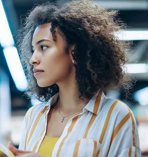 Woman looking at a digital screen - Illustrative image for Loyalty industry AI solutions.