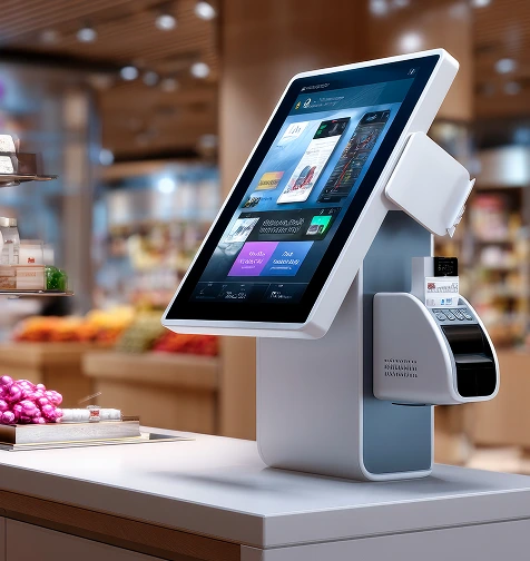 Modern self-service digital kiosk in a retail store - Illustrative image for Retail & Marketplaces AI solutions and personalized shopping.