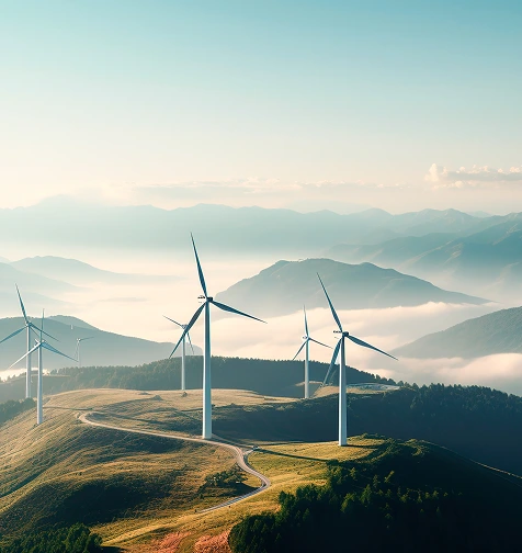 Wind turbines in a mountainous landscape - Illustrative image for Utilities industry AI solutions and sustainability.