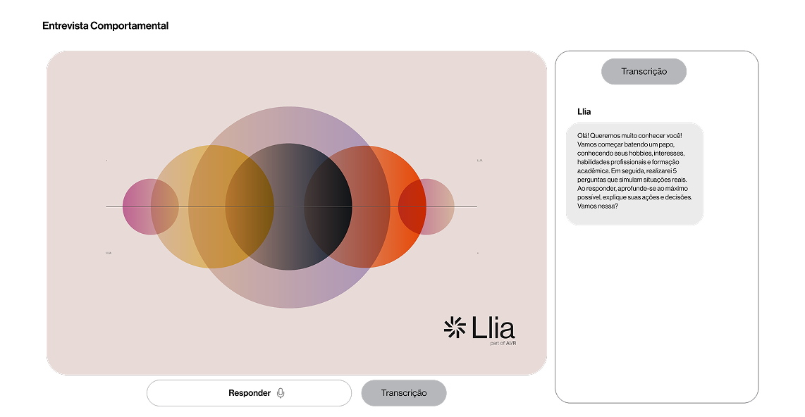 Screenshot of Llia's behavioral interview interface showing an AI agent conversation, transcription panel, and colorful abstract visual elements..Screenshot of Llia's behavioral interview interface showing an AI agent conversation, transcription panel, and colorful abstract visual elements..